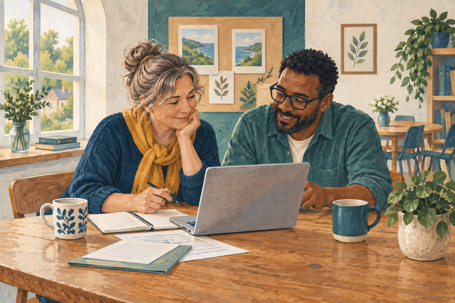 Illustration of two people talking through a task at a table, with a laptop and mugs of tea